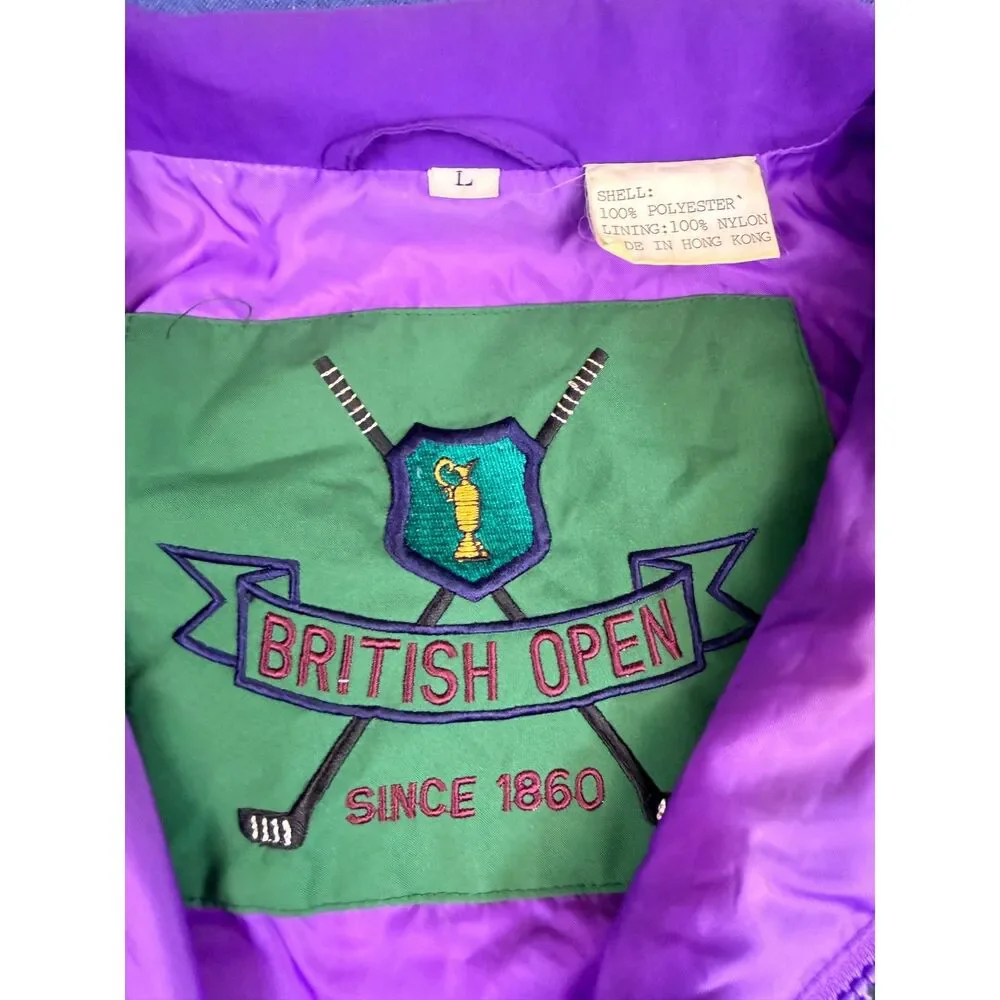 Vintage British Open Golf Jacket Large Green Purple Colorblock Windbreaker